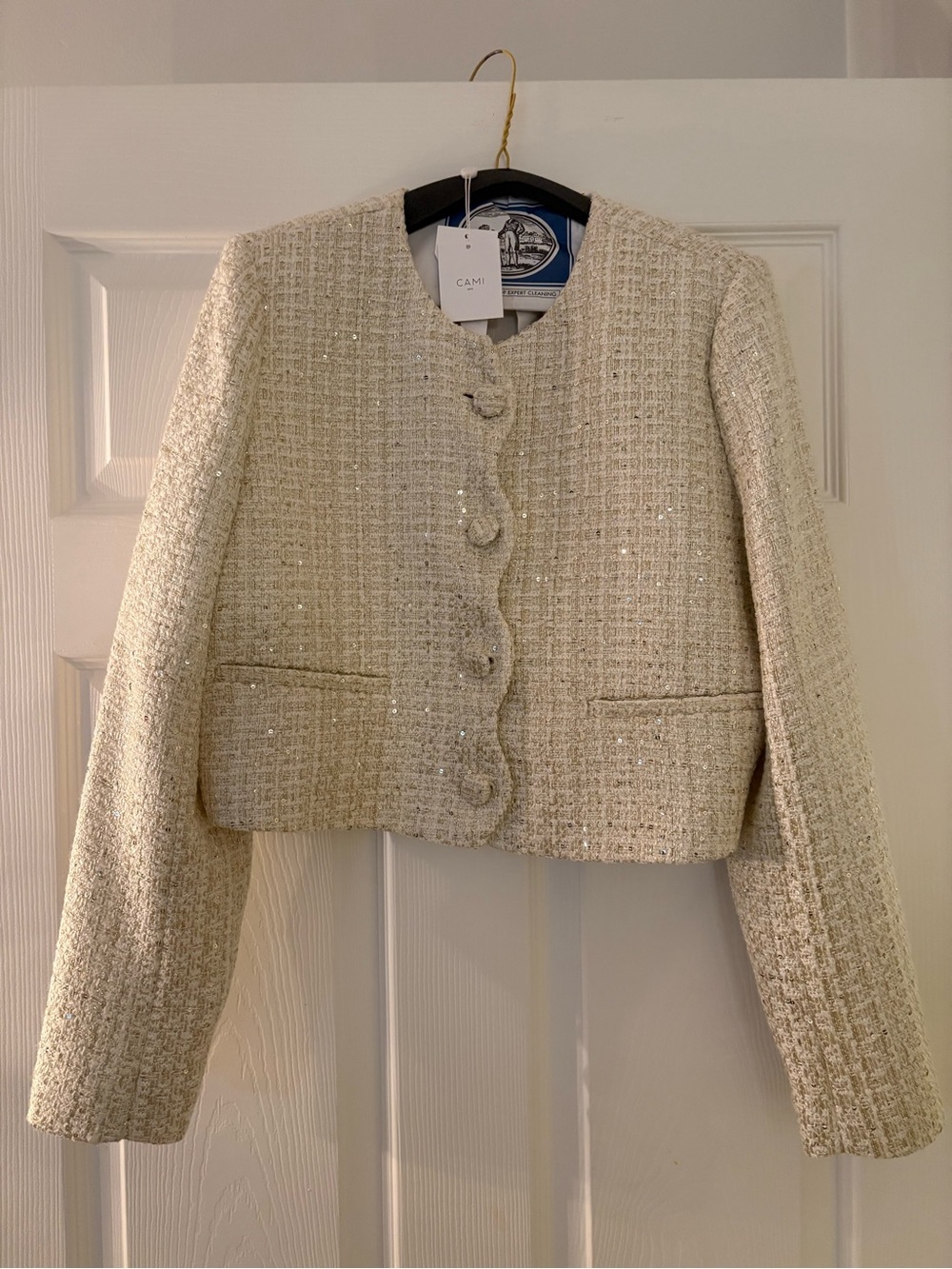Cami NYC Ivory Sequin Tweed Collarless Cropped Jacket